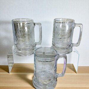 Vintage Javit CLIPPER Etched Schooner Ship Clear Blown Glass 16oz Beer Mug Set 3